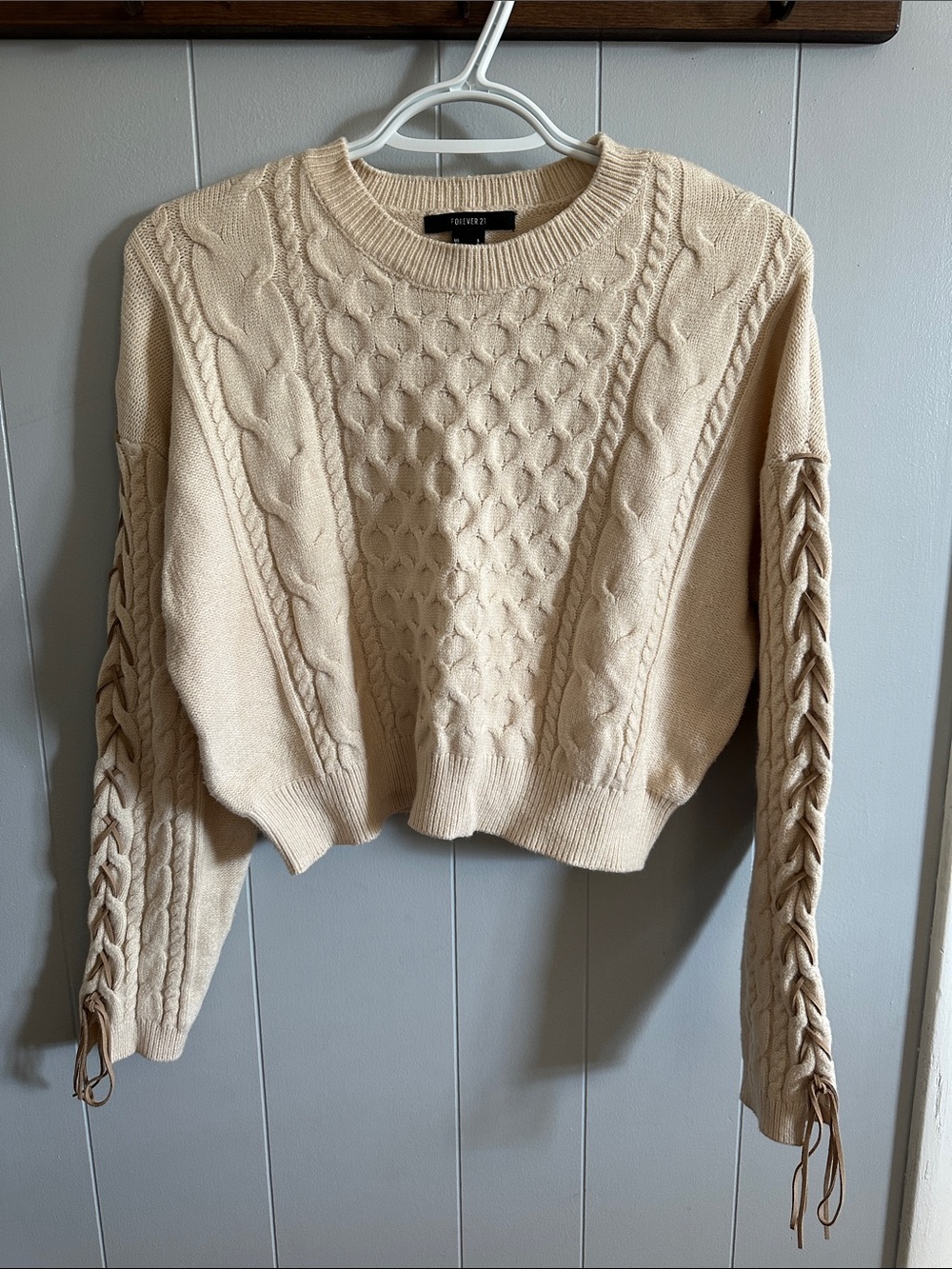 Cropped Cable Knit Sweater with Lace-Up Sleeves
